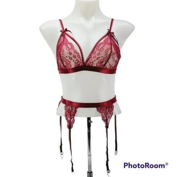 * Avidlove small bra garter set floral lace sexy set bow detail burgendy c… - Picture 2 of 11